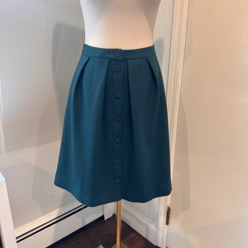 J.Crew Flair Dark Green Skirt Double-Serge Wool Button & Pleated | Size 2